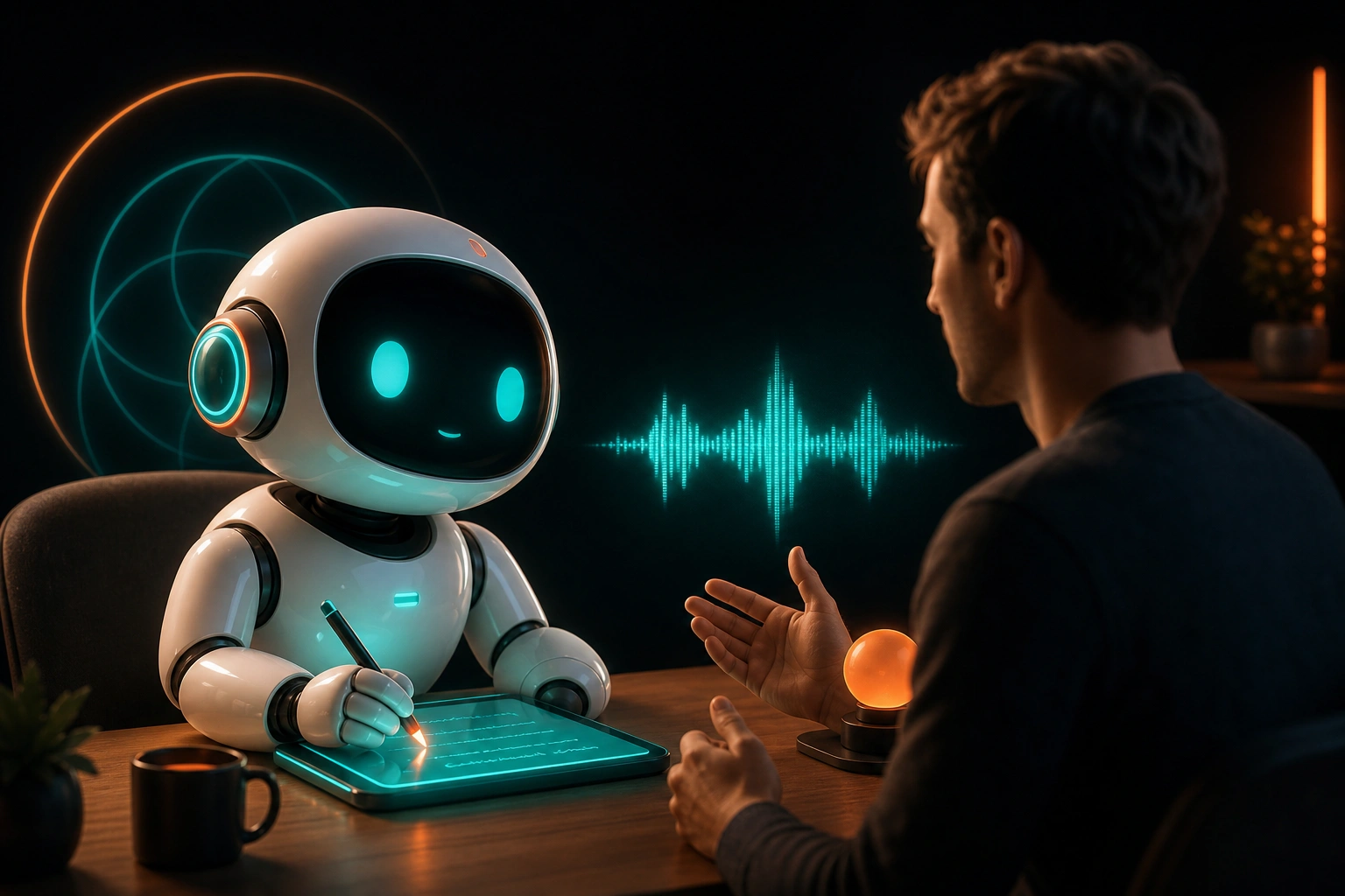 A robot monk listens attentively as a scroll is read aloud by a figure across the table.