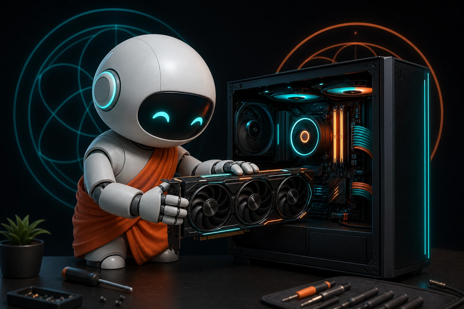 A robot monk joins two pieces of computer hardware with careful precision at a workbench.