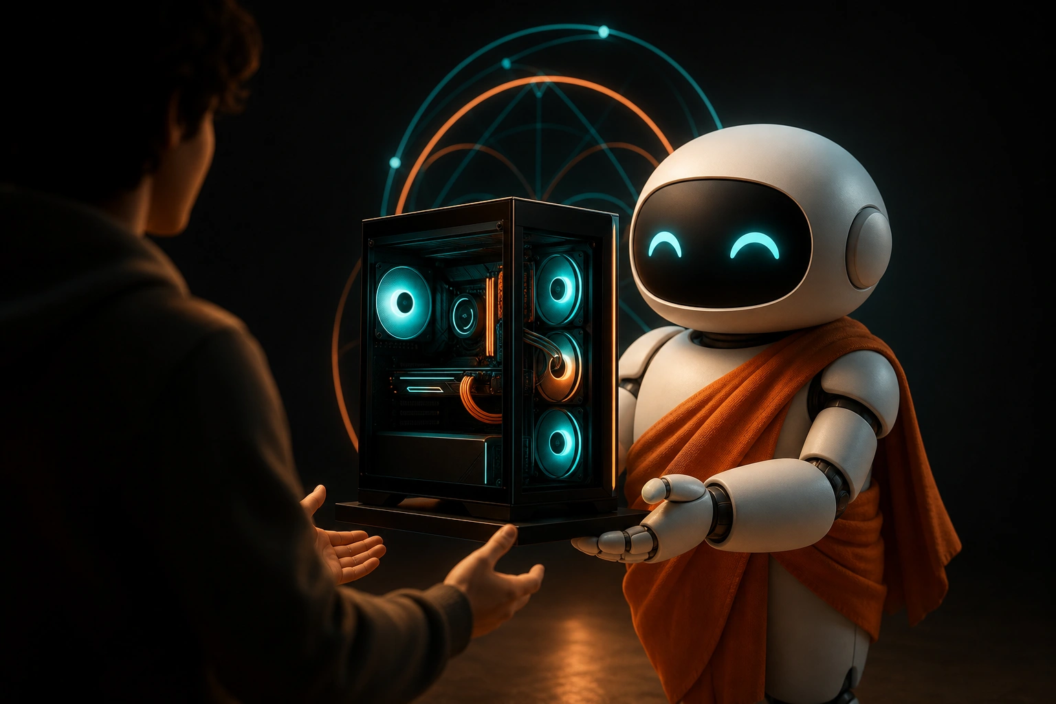 A robot monk presents a completed workstation on a stone plinth to a silhouetted figure entering the room.