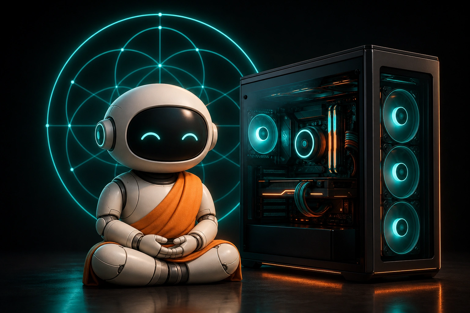A robot monk sits peacefully beside a softly glowing completed Temple at golden hour.