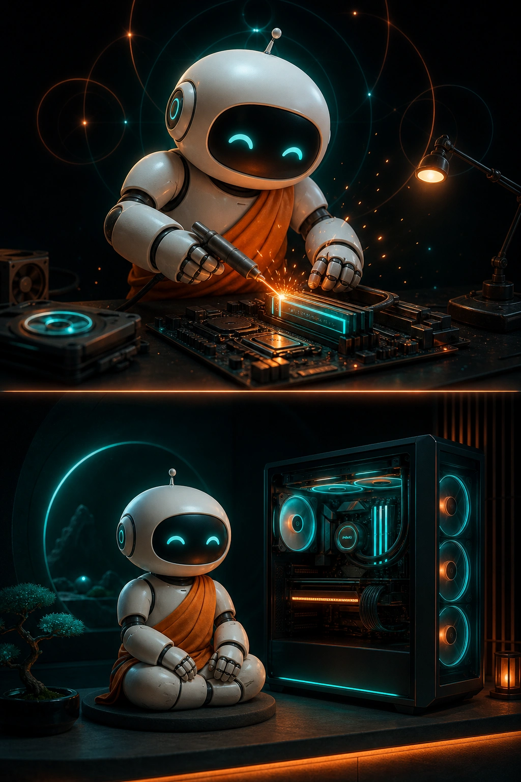 A single framed composition: above, the Forge — a robot monk at a glowing anvil amid rising sparks; below, the Temple — a completed workstation glowing softly in a calm stone alcove.