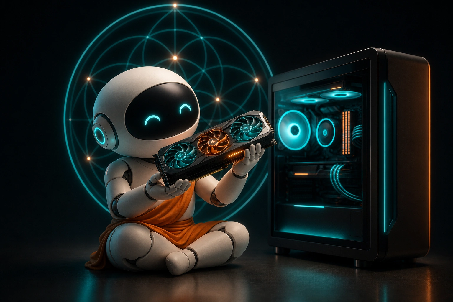 The robot mascot cradles a glowing graphics card in both hands like a relic, examining it with reverent attention.