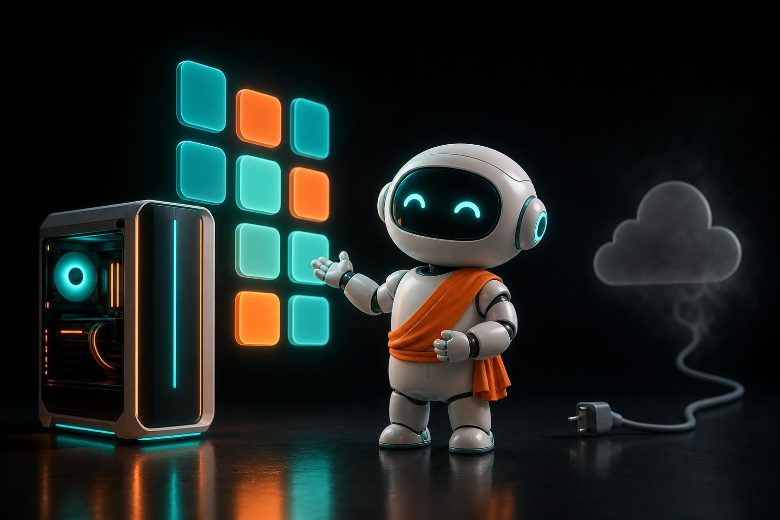 The robot mascot beside its home server adopting a grid of glowing open-source app tiles while a dim grey cloud subscription unplugs and fades away.
