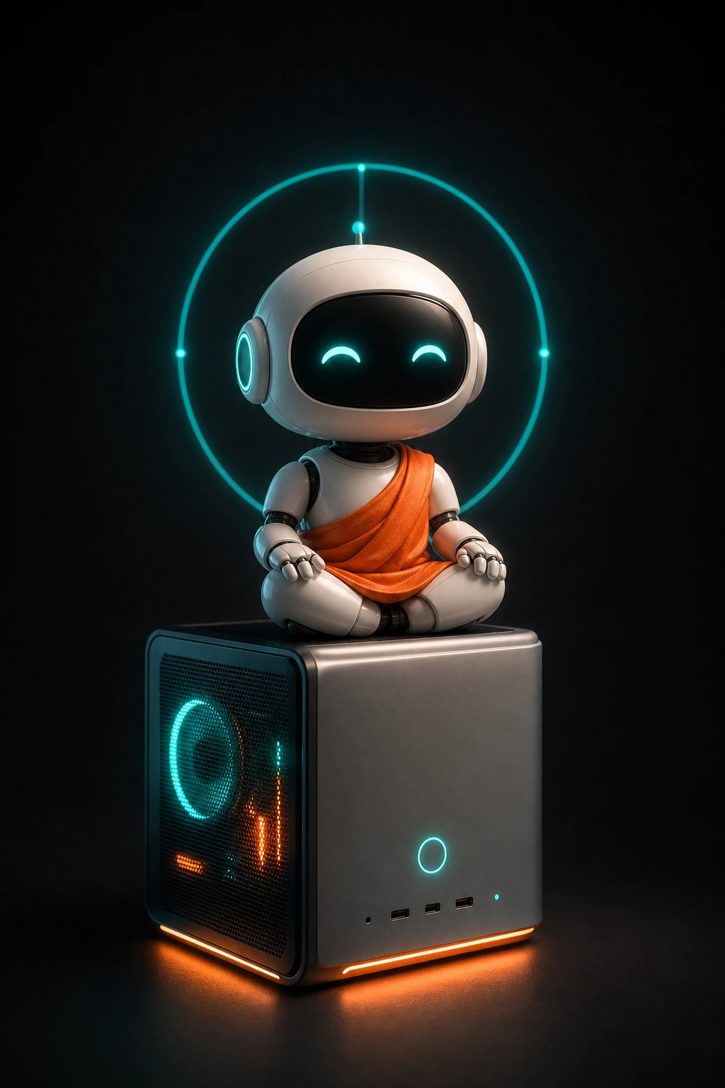 A young robot monk novice in a simple grey robe stands in the doorway of a small stone temple-workshop, holding a scroll in the morning light.