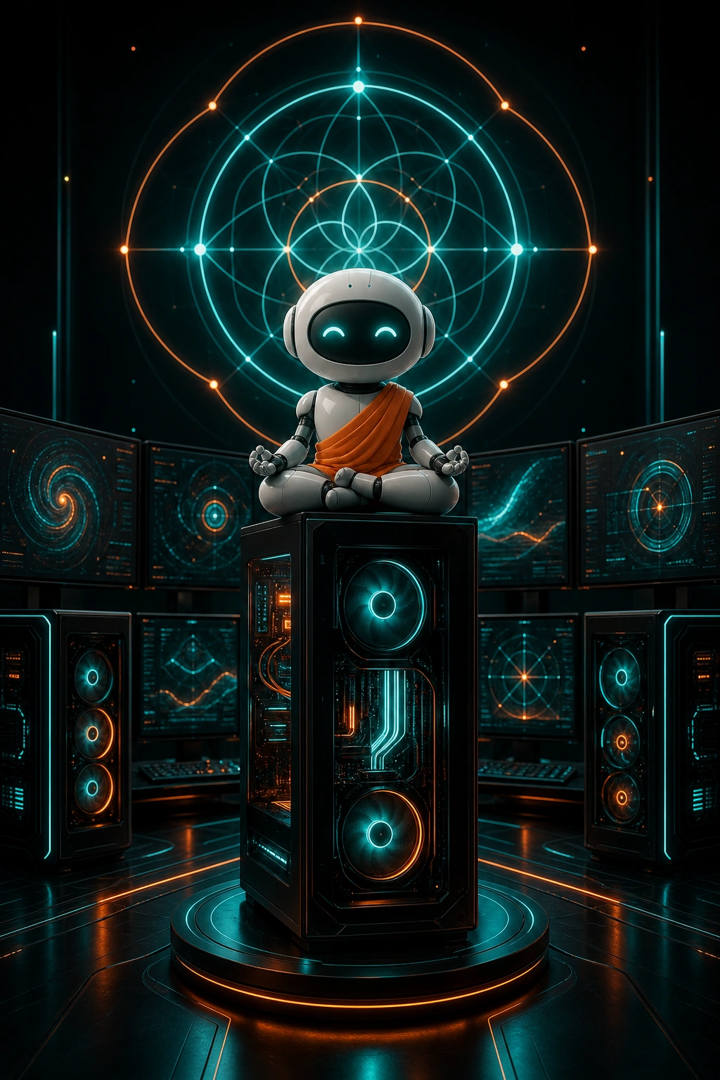 A tall, poised robot monk abbot in a charcoal robe with brass trim presides over the grand nave of a cathedral-scale temple-workshop lined with workstations at golden hour.