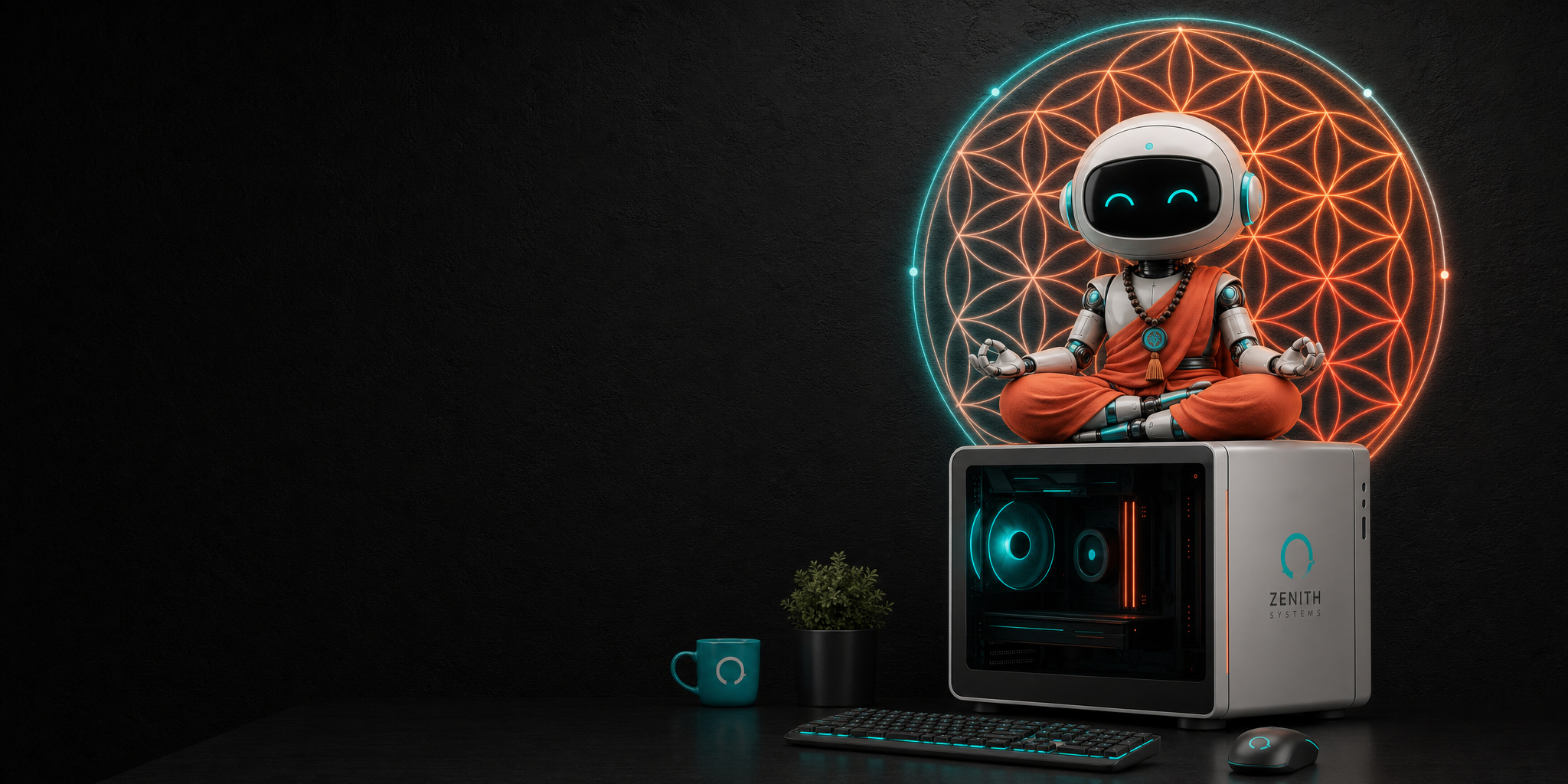 A small white-and-orange robot sits cross-legged in meditation atop a glowing custom PC tower, a luminous teal-and-orange mandala behind it on a dark background.